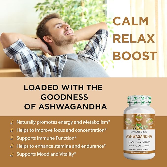 Organic Veda Ashwagandha Supplements, 1500mg - Ashwagandha Capsules with Black Pepper Extract - Made from Pure 100% Organic Ashwagandha Root - Mood Support Supplement & Energy, 120 Veggie