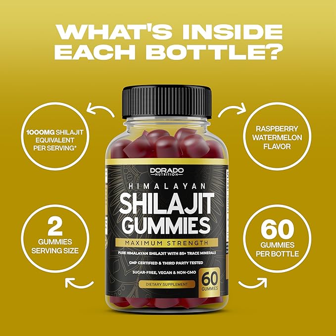 Shilajit Gummies 1000mg (Pure Himalayan Shilajit Gummies for Men & Women Gold Grade with 85+ Trace Minerals with Fulvic Acid) - Energy & Immunity Support - Third Party Tested, Non GMO, Vegan, USA Made