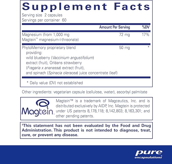 Pure Encapsulations CogniMag 120's - Magnesium-L-Threonate Supplement - Supports Brain Health & Memory* - Includes Magtein & Polyphenol Blend - 120 Capsules