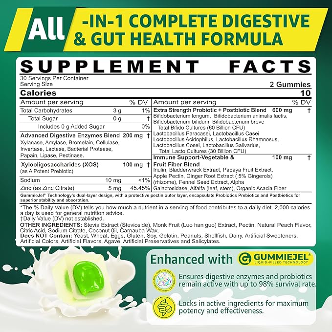 Digestive Enzymes Gummies for Women & Men, Multi-Enzymes with 90Billion CFU Probiotics and Prebiotics & Postbiotic, Vegetable & Fruit Fiber Blend, Super Enzymes for Digestive & Gut Health,Immune,60Cts