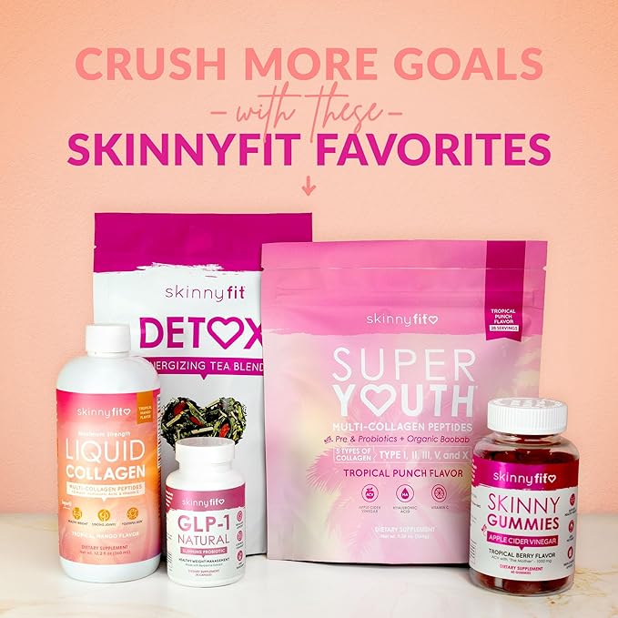 SkinnyFit Super Youth Tropical Punch Multi-Collagen Peptides + Probiotics, Baobab Fiber, Apple Cider Vinegar, Hyaluronic Acid, & Vitamin C, Skin, Hair, Joint & Metabolism Support, 30 Servings