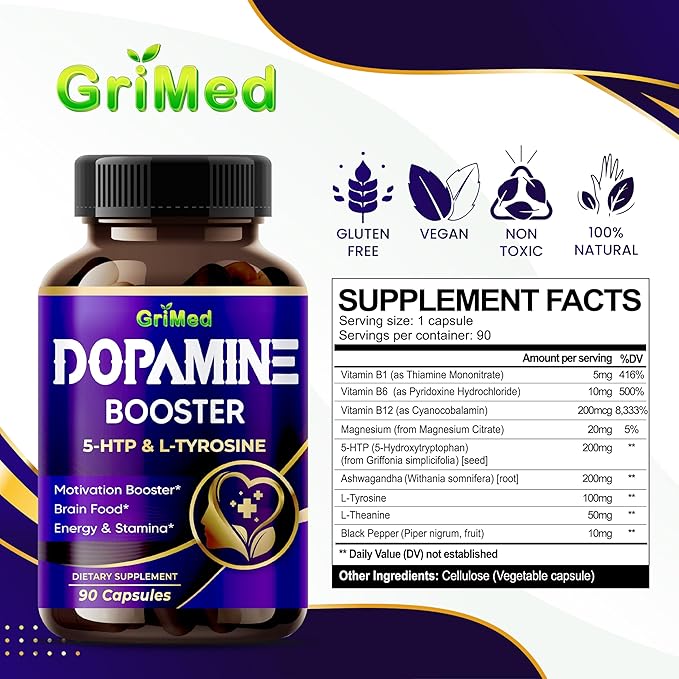 5-HTP L-Tyrosine with Magnesium + L-Theanine - 14,285mg Energy, Stamina, Motivation Booster - USA Made & Tested (90 Count (Pack of 1))