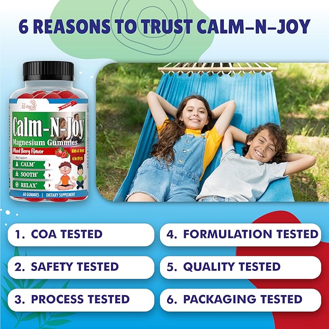 Magnesium Citrate Supplement for Kids & Teens, Anti-Stress Calm Magnesium Gummies Support Relaxed Muscles, Sleep, Bone Health, Gluten Free, Low Sugar 60 Ct