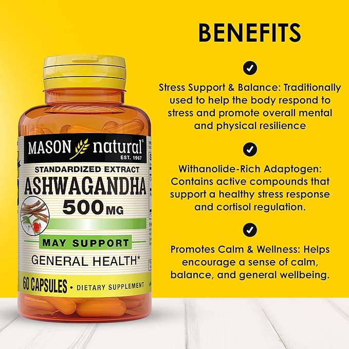 Mason Natural Ashwagandha 500 mg, Adaptogen for Stress & Energy Support, Herbal Supplement, 60 Day Supply