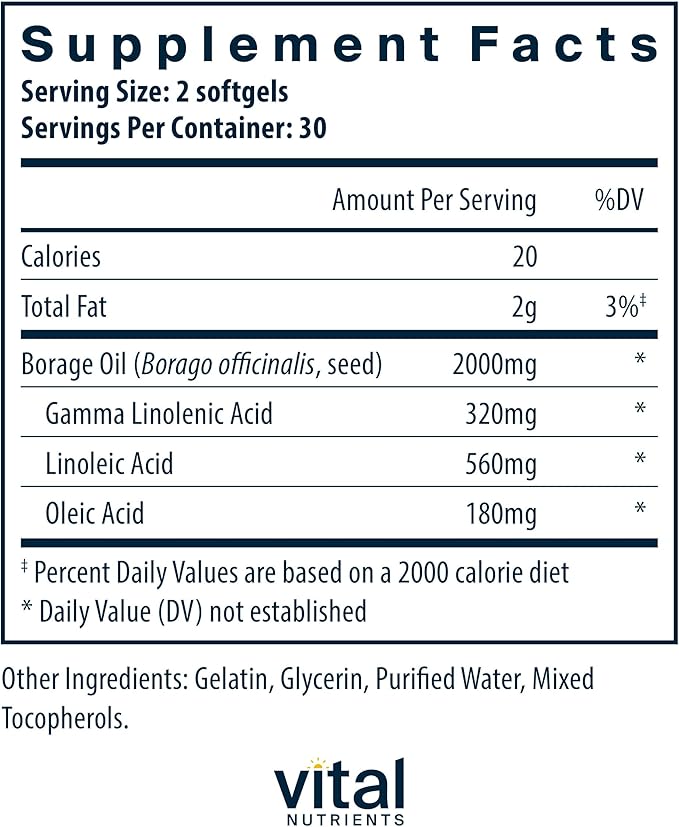 Vital Nutrients Borage Oil 1000mg | High-Dose GLA Omega-6 Supplement | Powerful Antioxidant for Skin, Join, Nerve Function | Gluten, Dairy, Soy Free | Non-GMO | 60 Softgels