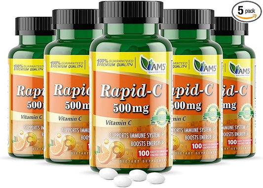 America Medic & Science Rapid-C 500mg Vitamin C Supplement 500 Tablets (5 Pack of 100 Tablets) Daily Immune System Support, Antioxidant | Vegan, Non-GMO Coated Ascorbic Acid for Adult Men & Women