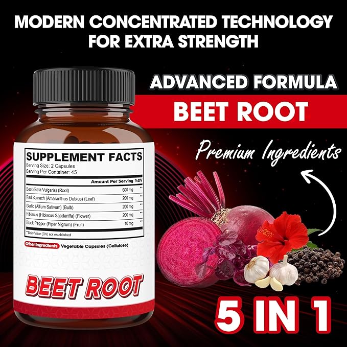 agobi 5in1 Beet Root Capsules - Added with Red Spinach, Organic Garlic Bulb, Hibiscus & Black Pepper - Support for Energy Production, Immune System & Digestive Health - 90 Vegan Capsules