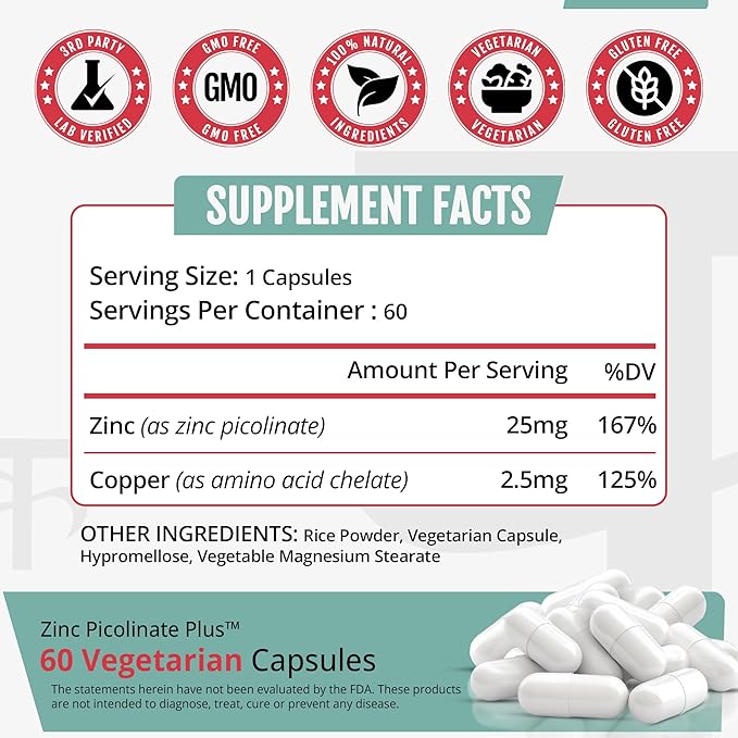 Karuna Health Zinc Picolinate Plus 60 Vegetarian Capsules | 25 MG Plus 2.5 MG Copper for BALACED Long Term USE | Supporting Immune Function, Skin Health, Development and Overall Well-Being.