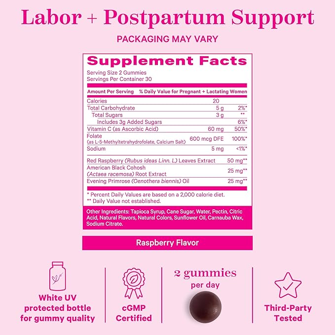 Pink Stork Red Raspberry Leaf Gummies - Third Trimester Labor Prep + Postpartum Mood Essentials with Evening Primrose Oil + Black Cohosh - 60 Vegan Gummy Supplements, Non-GMO
