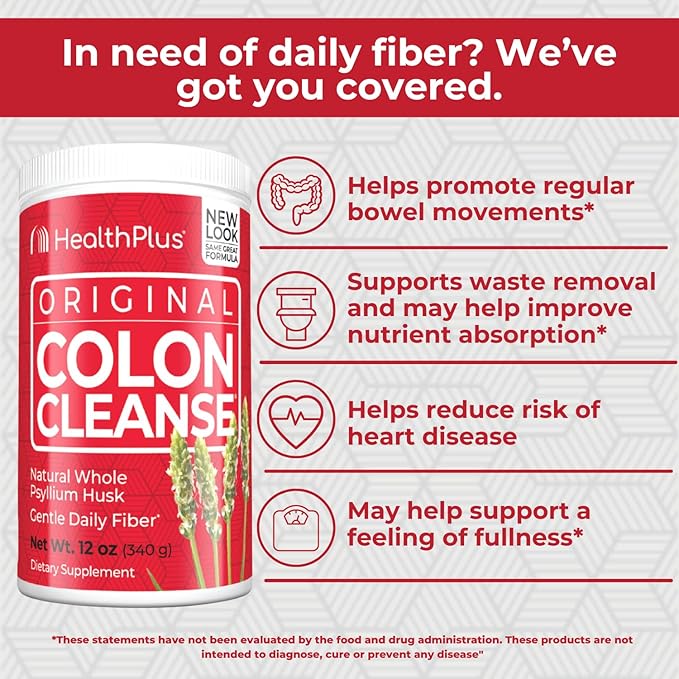 Health Plus Colon Cleanse - Natural Daily Fiber Powder- Gluten Free, Detox, Heart Healthy (12 Ounces, 48 Servings)