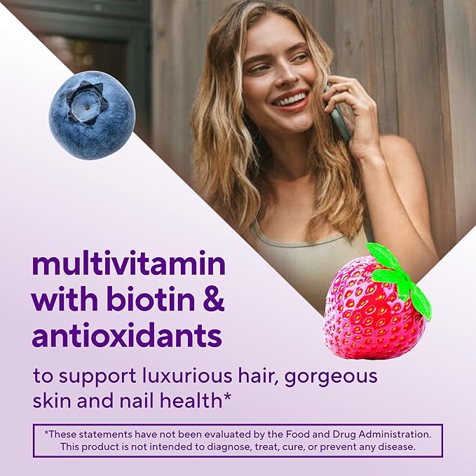 Vitafusion Gorgeous Hair, Skin Nails Multivitamin Gummy Vitamins, plus Biotin and Antioxidant vitamins CE, Raspberry Flavor, 100ct (33 day supply), from America’s Number One Gummy Vitamin Brand