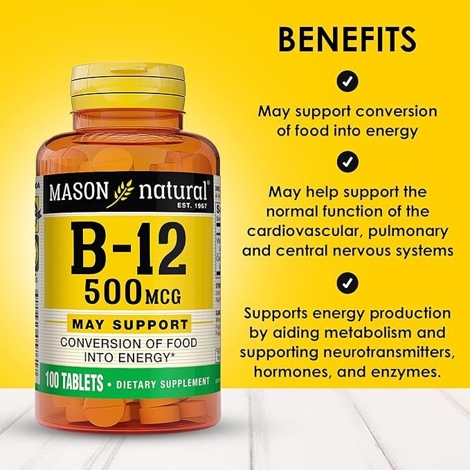 MASON NATURAL Vitamin B12 500 mcg with Calcium, Supports Energy & Nerve Health, 100 Tablets, Pack of 3