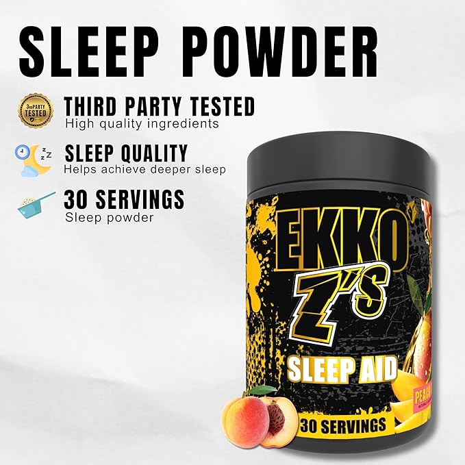 EKKO Z’S Sleep Aid Formula, Peach Mango Flavor, Sleep Support Powder with Magnesium Bisglycinate, Zinc, GABA, L Theanine, Melatonin, Adaptogens, Relaxation Support for Men & Women, 30 Srvgs