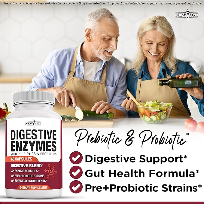 NEW AGE Digestive Enzymes for Gut Health - Probiotic Multi Enzymes with Prebiotics and Probiotics with Lipase for Women and Men for Digestive Health, Daily Enzymes for Digestion - 180 Count