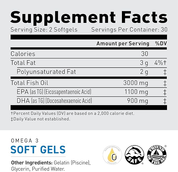 Kaged Omega 3 Fish Oil Supplement, 3000mg Omega 3 Fatty Acid with EPA & DHA, Ultra-Pure, No Fish Burps, 60 Pills