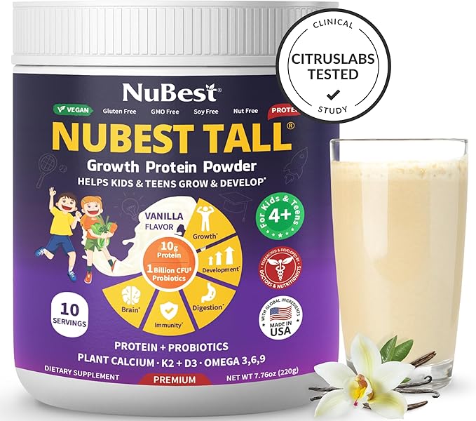 NuBest Tall Protein Powder for Kids & Teens - Vegan Vanilla Protein Powder Shake with Organic Red Algae Calcium, Probiotics, Omega 3-6-9, Vitamin D3 + K2 & Magnesium from Marine Algae - Pack 3