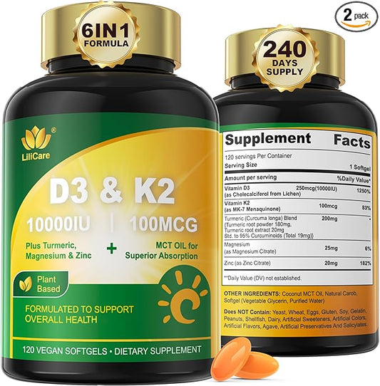 Liposomal Vitamin D3 K2, Vitamin D3 10000 IU w/ Vitamin K2 (MK-7), Turmeric, MCT Oil, Magnesium & Zinc for Max Calcium Absorption, D3 and K2 Supplements for Bone, Moo-d & Immune, Vegan, 240Cts