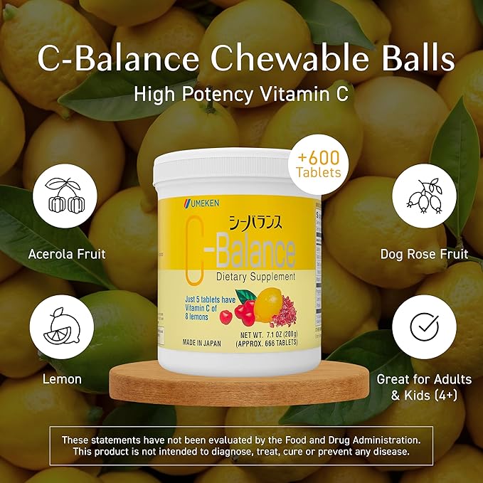 Umeken C-Balance Chewable Vitamin C Supplements, High Potency for Adults & Kids, with Citric Acid and Gamma-linolenic Acid, Vitamin C Chewables, 7.1 Ounce, 200g, 4.5 Months Supply, Pack of 6