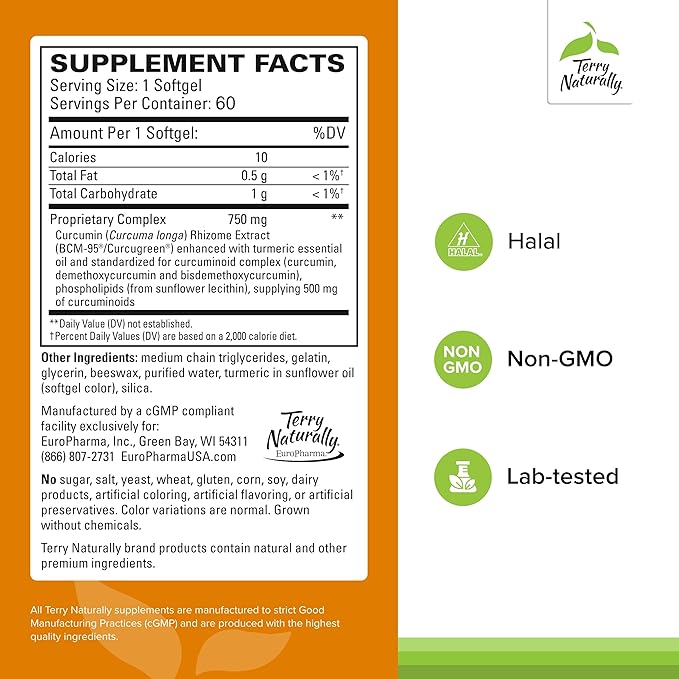 Terry Naturally CuraMed 750mg - Antioxidant Supplement for Brain & Heart Health Support - Dietary Supplement with High-Potency Curcumin Complex - Kidney, Liver & Immune Health Support - 60 Softgels