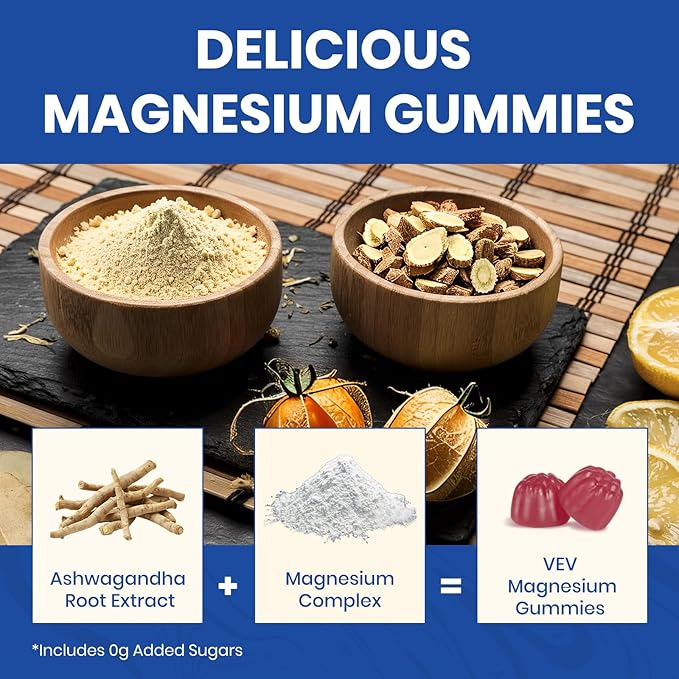VEV Magnesium Glycinate & Citrate Gummies – Ashwagandha Gummies with D3 & Zinc – Cortisol Supplements for Women – Sugar-Free Vegan Magnesium Complex Gummies – 90 Count