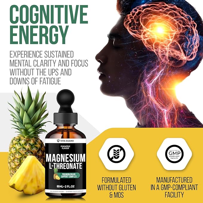 Magnesium L-Threonate Liquid Drops – 500mg High-Absorption Brain Support, Pineapple Flavor, 60ML Vegan, Gluten-Free, Non-GMO