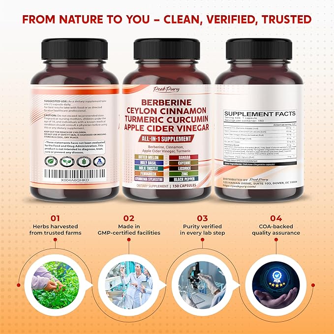 Berberine Cinnamon Apple Cider Vinegar Turmeric - Overall Wellness Support- Made in USA