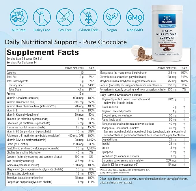 Equilife Daily Nutritional Support, All-in-one Multivitamin Meal Replacement, Pure Chocolate Flavor, with 15g Plant Protein, Supports Energy, Mood, Gut, and Skin Health (14 Servings Tub)