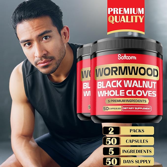 Satoomi [2 Packs - 50 Capsules - 5 in 1 Wormwood Capsules Supplement - Extracted from Black Walnut Whole Cloves Turmeric and Berberine HCl Immune System & Digestion Health