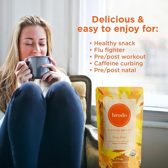 Brodo Deeply Rooted Organic Chicken Broth with Turmeric & Ginger, Nutrient-Rich Chicken Bone Broth Organic, High in Protein and Collagen for Wellness and Cooking, (6x 8.3 oz. Pouches)
