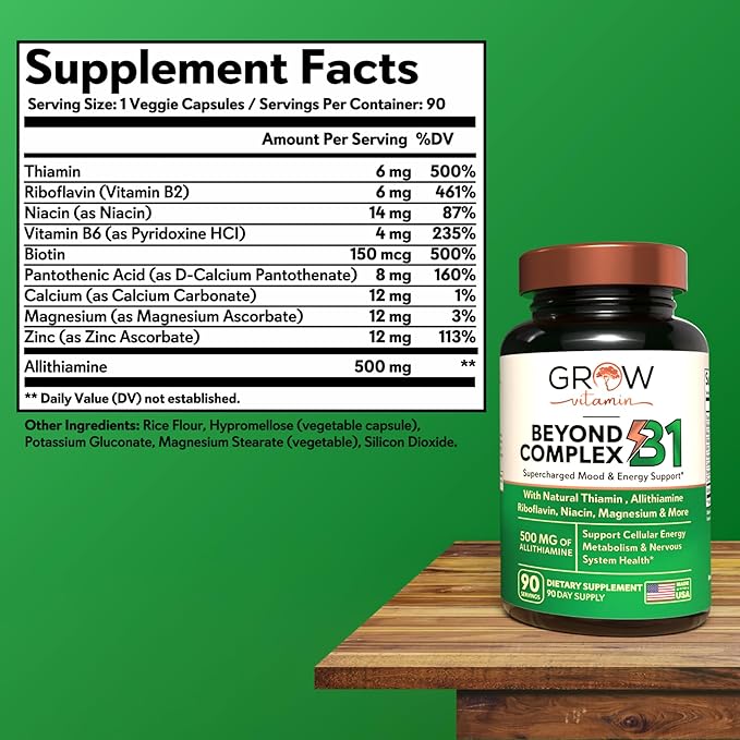 grow vitamin Beyond B1 Complex - Allithiamine Natural Vitamin B1 Supplement with Essential B-Vitamins, Thiamin, Niacin, Biotin, Magnesium & More - Supports Energy, Mood & Nervous System - 90 Capsules