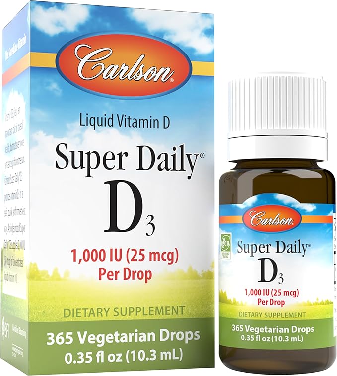 Carlson - Super Daily D3, Vitamin D Drops, 1,000 IU (25 mcg) per Drop, 1-Year Supply, Vitamin D3 Liquid, Heart & Immune Health, Vegetarian, Liquid Vitamin D3 Drops, Unflavored, 365 Drops