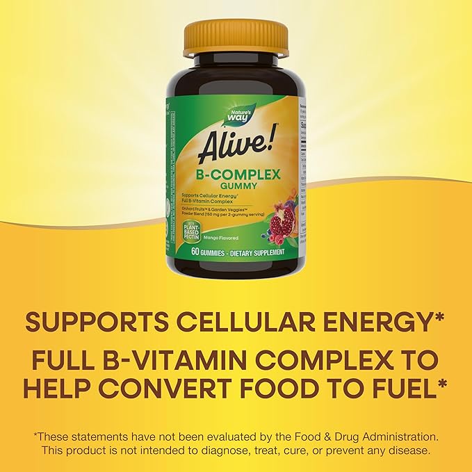 Nature's Way Alive! B-Complex Gummies, Cellular Energy Support*, 8 B-Vitamins, Vegetarian, Mango Flavored, 60 Gummies (Packaging May Vary)