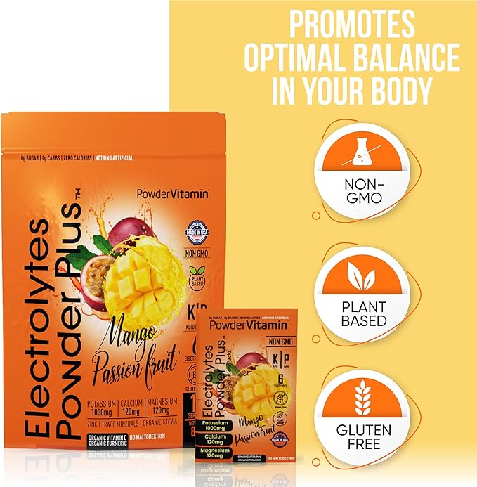 Electrolytes Powder Plus, Keto, Mango Passionfruit, Sugar Free, Pink Himalayan Salt, 1000mg Potassium, 120mg Calcium, 120mg Magnesium, Non-GMO, Zero Calories, (16 Hydration Packets)