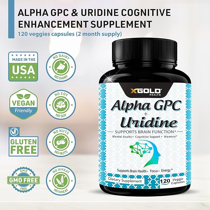 Alpha GPC Choline 600mg + Uridine Monophosphate 300mg-2-in-1 Nootropic Supplement Helps Boost Focus, Energy & Cognitive Performance -Potent Mood Enhancer & Brain Focus Supplements -120 Veggie Capsules