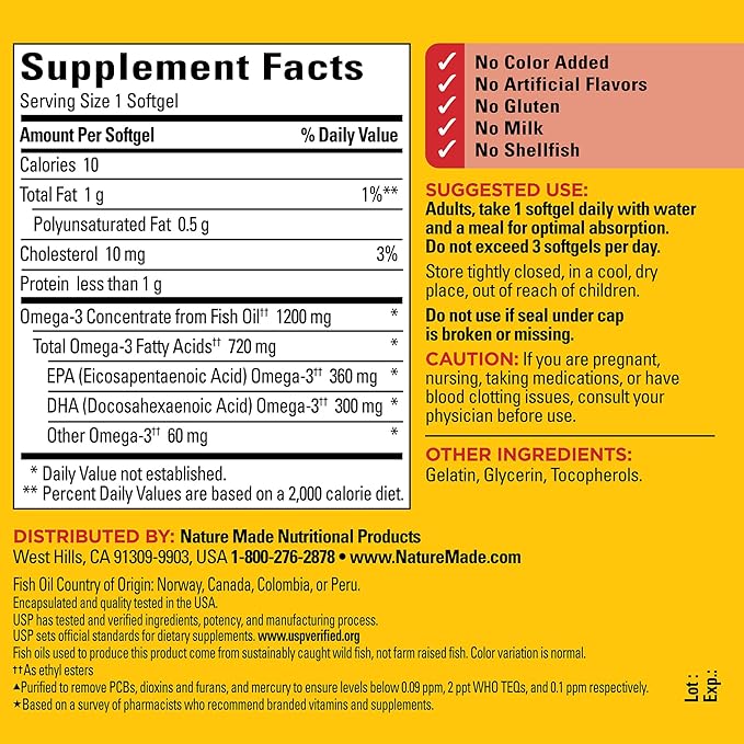 Nature Made Fish Oil Omega 3 Supplements, Omega 3 Fish Oil as Ethyl Esters 1200 mg Softgels, EPA DHA Supplement for Healthy Heart, Brain, Eye Support, One Per Day, 100 Softgels