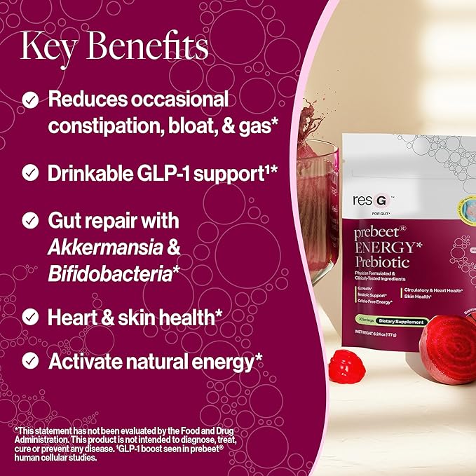 resG prebeet - Prebiotics Drink for Digestion, Occasional Constipation, Gas, Bloating with Akkermansia & GLP-1 Support w/Beet Root & Fiber, Gut Health for Women & Men - 560g (90 Servings)