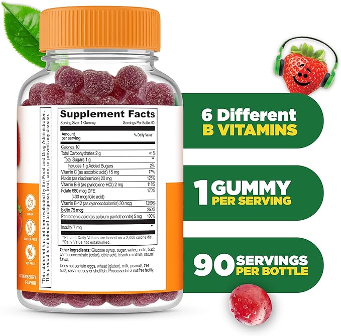 Lifeable Vitamin B Complex for Kids | with VIT C | Great Tasting B Complex Gummies | Vegan Kids B Complex | Energy and Nerve Support | 90 Gummies