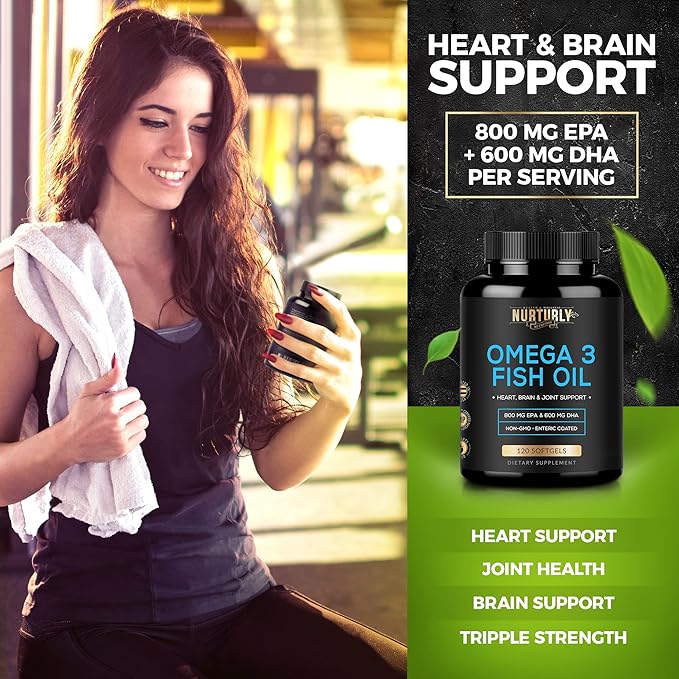Omega 3 Fish Oil 2000mg, 800mg EPA and 600mg DHA - Enteric Coated and Burpless - Supports Brain, and Heart - Burpless, Non-GMO, 3rd Party Lab Tested and NSF Certified - 120 Softgels