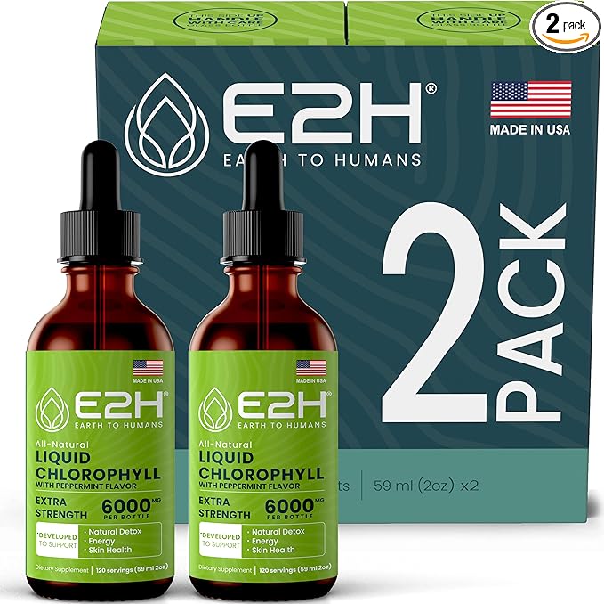 E2H Chlorophyll Liquid Drops - Natural Energy Booster, Immune System Support and Internal Deodorant - Peppermint Flavor - (2 Bottles)