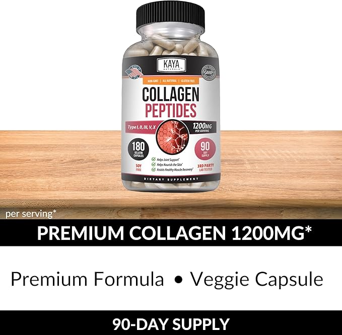Kaya Naturals Multi Collagen Peptides Complex Powder for Women and Men, Types I, II, III, V & X | 180 Count Capsules