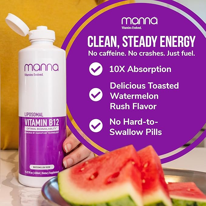Manna Vitamins Evolved Liposomal Vitamin B12 – High Absorption Methylcobalamin for Energy, Focus, Brain, and Heart Support – Vegan, Non-GMO B12 Supplement – 10x Better Absorption