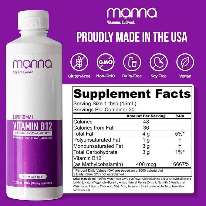 Manna Vitamins Evolved Liposomal Vitamin B12 – High Absorption Methylcobalamin for Energy, Focus, Brain, and Heart Support – Vegan, Non-GMO B12 Supplement – 10x Better Absorption