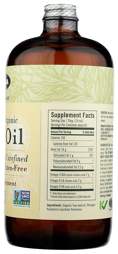 Flora - Flax Oil - Cold-Pressed, Unrefined, Organic Flax Seed Oil - Contains Omega-3 & Omega-6 - Non-GMO & Gluten-Free - Keep Chilled - 32 fl. oz. Amber Glass Bottle