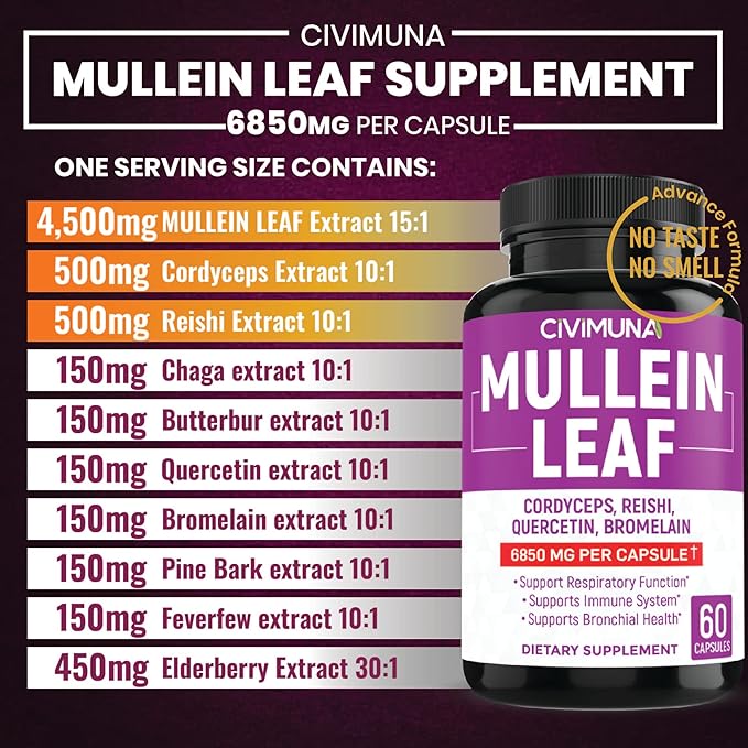(2 Packs) Mullein Leaf Capsules 6850mg - Mullein Leaf, Cordyceps, Reishi - 4 Months Supply