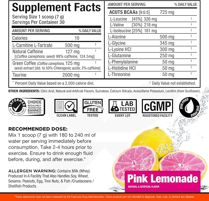 ALLMAX Nutrition AMINOCUTS (ACUTS), Amino-Charged Energy Drink with Taurine, L-Carnitine, Green Coffee Bean Extract, Pink Lemonade, 30 Servings