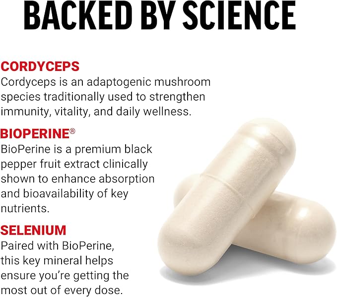 FORCE FACTOR Cordyceps Capsules with 1000mg of Cordyceps Sinensis Mushroom Extract, Traditionally Used to Improve Vitality, with BioPerine for Quick Absorption, Key Natural Ingredients, 60 Capsules