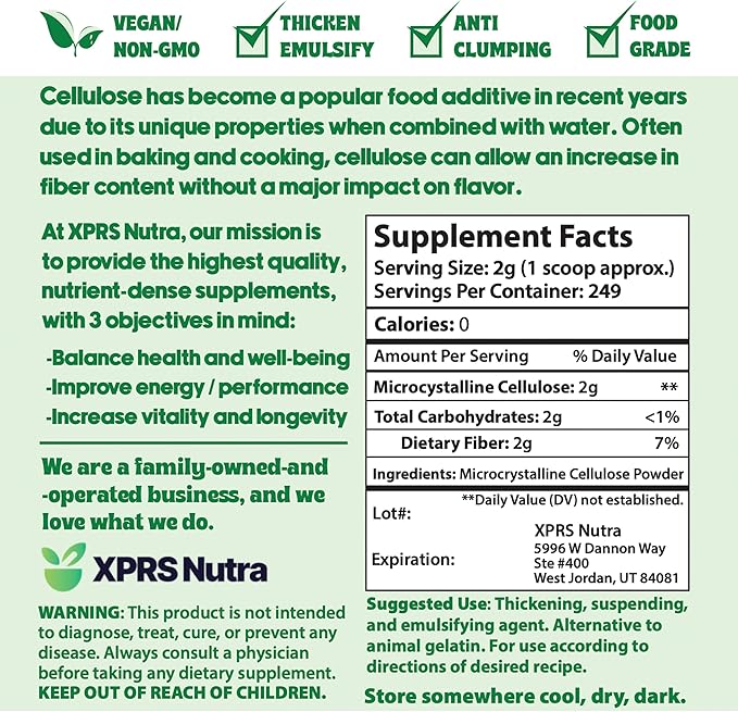 XPRS Nutra Microcrystalline Cellulose Powder - Odorless Cellulose Fiber Powder - 100% Pure Powdered Cellulose Supplement is an Insoluble Fiber for Pill Binder Mix and Cellulose Paste (1.10 Pounds)