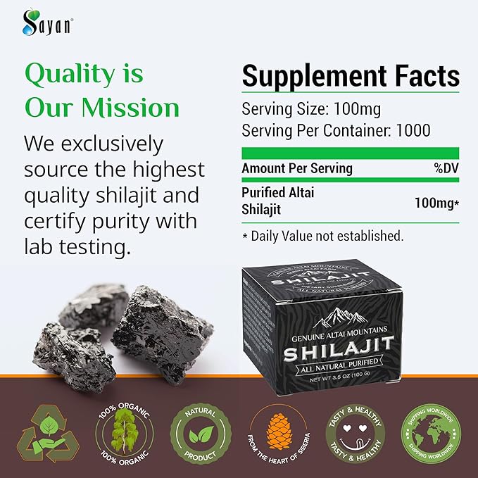 Sayan Pure Shilajit Resin 3.5oz/100g, 660 Servings - Potent Organic Fulvic Acid Supplement - Supports Immune System, Memory, Focus, and Provides Natural Energy, Detox - Vegan, Non-GMO