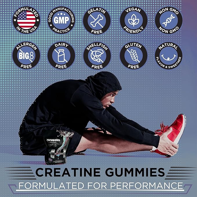 Creatine Monohydrate Gummies - Muscle Growth, Performance, Endurance - 5 Gram Creatine per Serving - Vegan, Non-GMO, Gluten-Free, Made in USA - 90ct (90 Count, Sour Blue Raspberry)