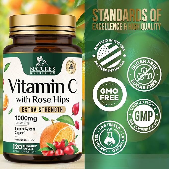 Chewable Vitamin C 1000mg - Extra Strength Antioxidants for Powerful Immune Support w/Vitamin C & Rose HIPS - Potent Dietary VIT C Chews Supplement, Natural, Vegan - Tasty Orange Flavor - 120 Tablets